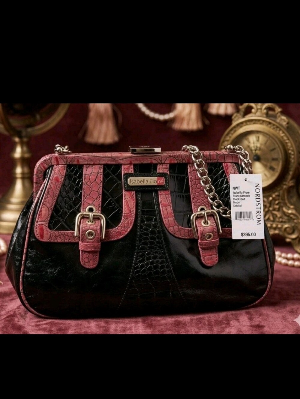 NWT Isabella Fiore Croc Clock-Doll Bag | Y2K Vintage Frame Satchel | Black/Berry